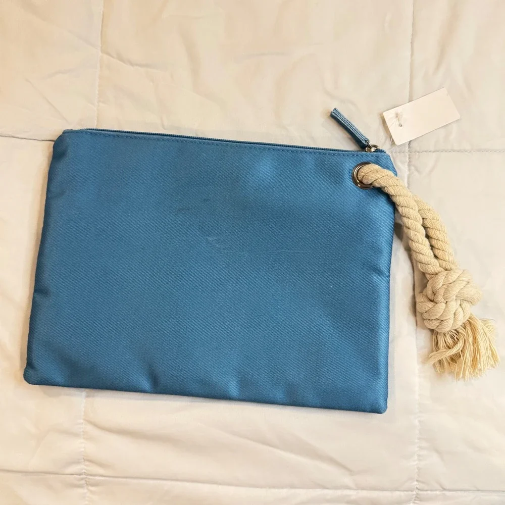 Loft Outlet Blue Take Me To The Sea Seashell‎ Canvas Pouch Clutch Rope Tassel